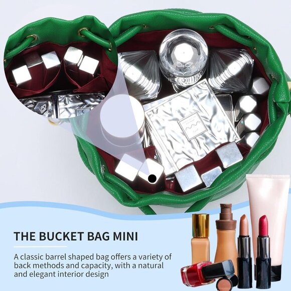 Mini Leather Bucket Bags for Women Drawstring Crossbody Handbags Hobo Bag - Picture 4 of 7